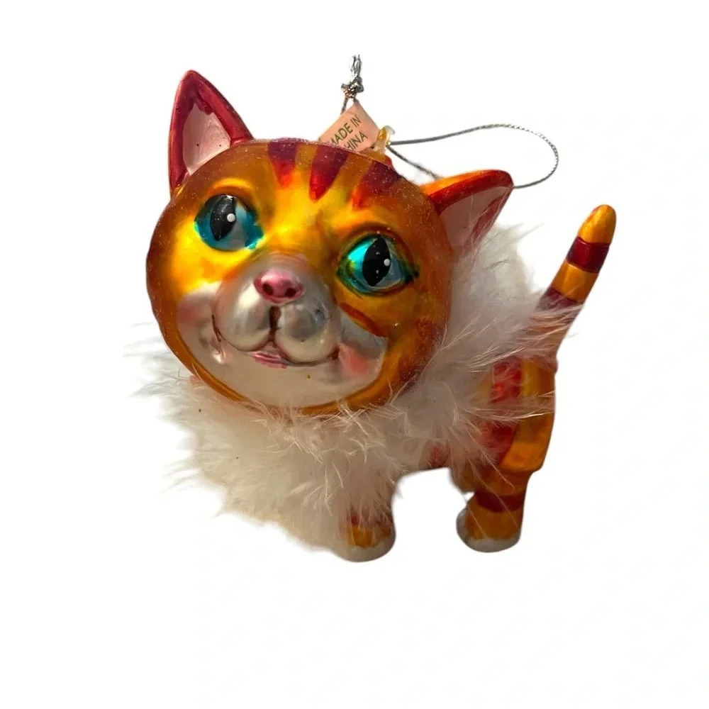 Unique Kitty Cat Mercury Glass Hand Painted Christmas Ornament